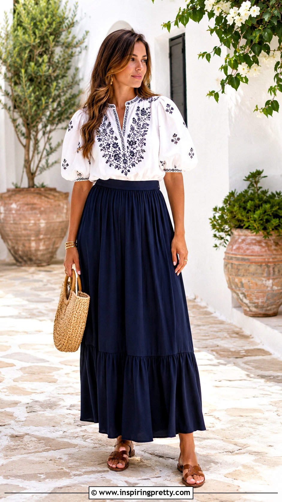 Embroidered Puffy Sleeve Top With Maxi Skirt - 50 puffy sleeve top outfit ideas