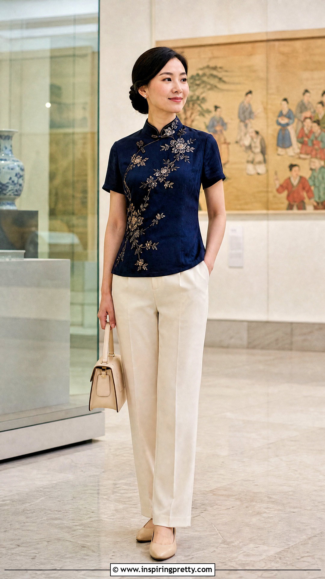 Embroidered Qipao Collar Top With Neutral Pants - 20 Qipao Collar Top outfit ideas