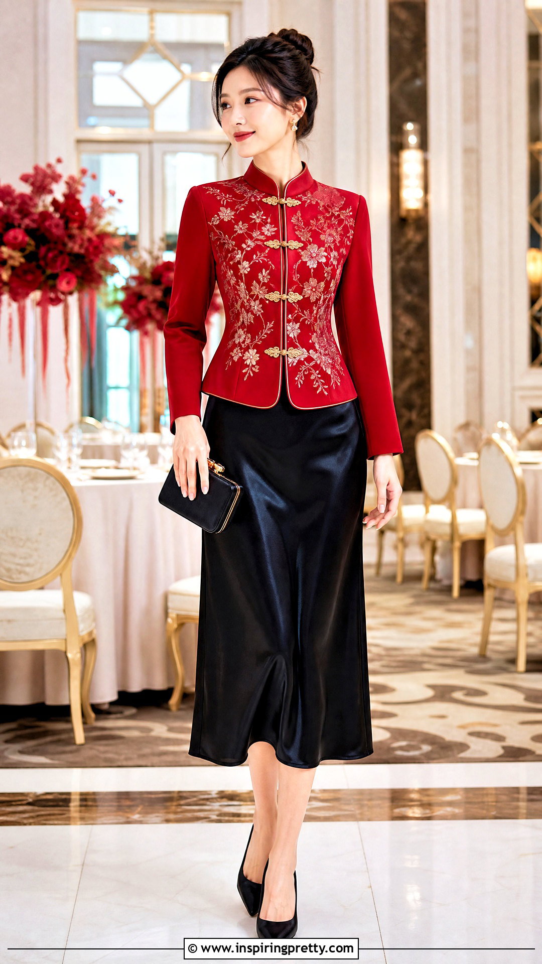 Embroidered Red Chinese Top With Satin Midi Skirt - 50 chinese top outfit ideas