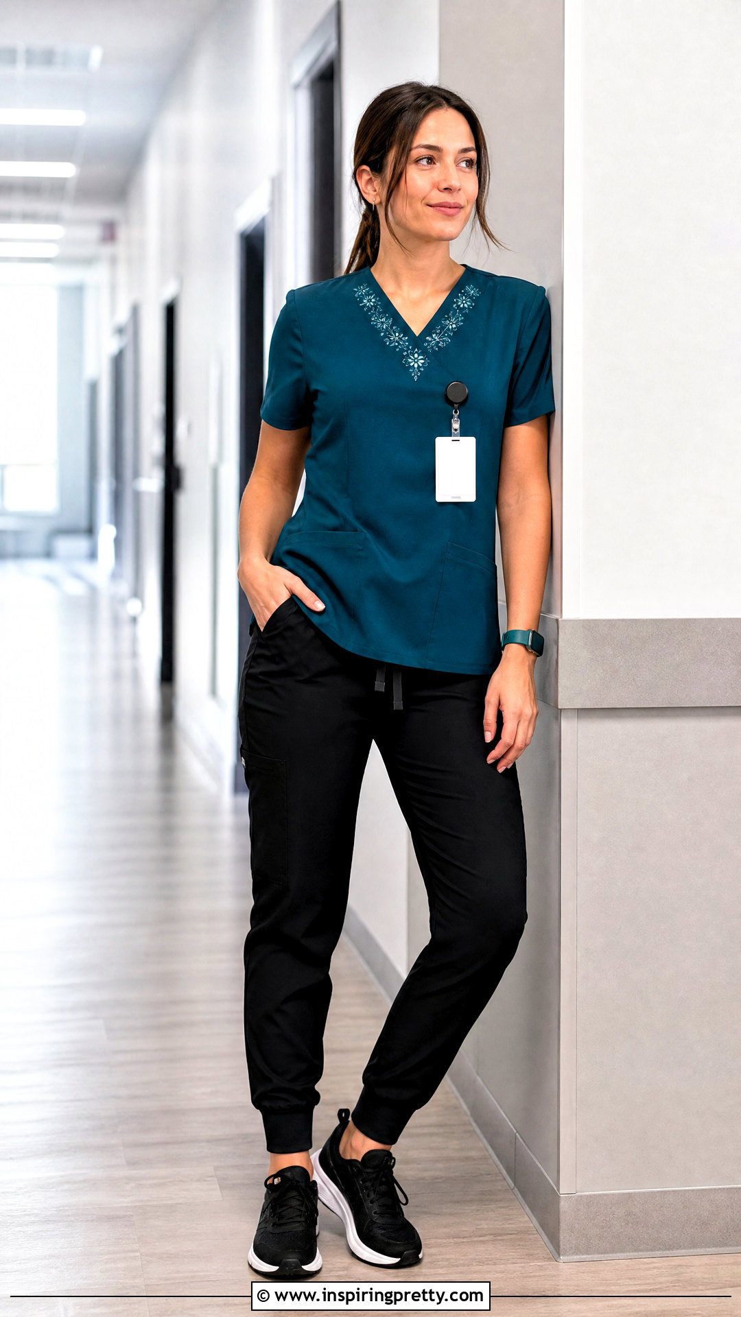Embroidered Scrub Top With Black Jogger Pants - 20 Fancy Scrub Tops outfit ideas