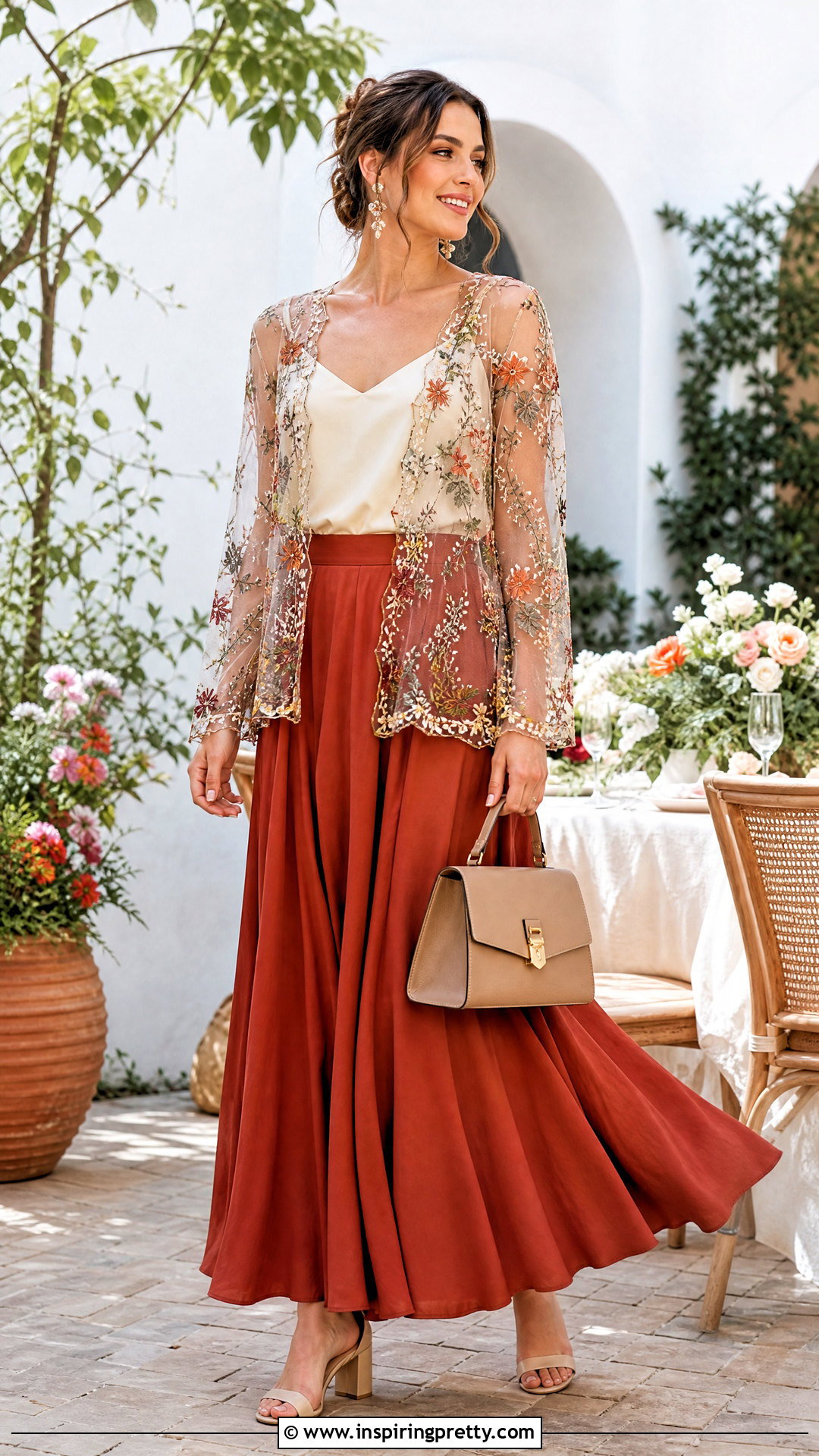 Embroidered Sheer Top With Maxi Skirt - 50 sheer top outfit ideas