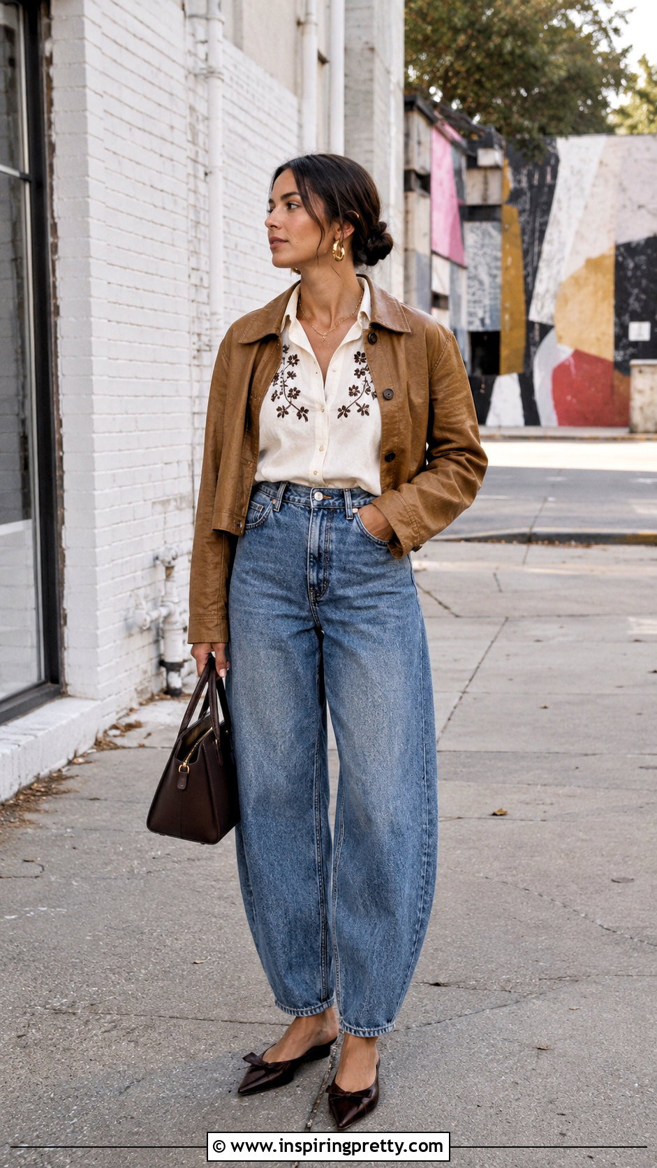 Embroidered Shirt With Barrel Jeans - 20 Stylish Tops For Fall Outfits