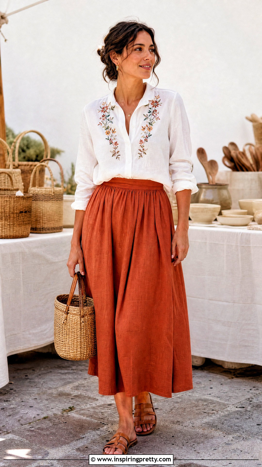 Embroidered Shirt With Linen Skirt - 50 Top Shirt outfit ideas