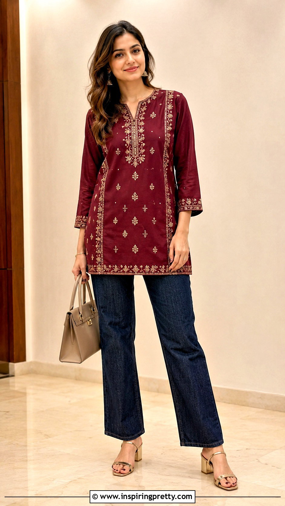 Embroidered Short Kurti With Dark Wash Jeans - 50 short kurti tops for jeans