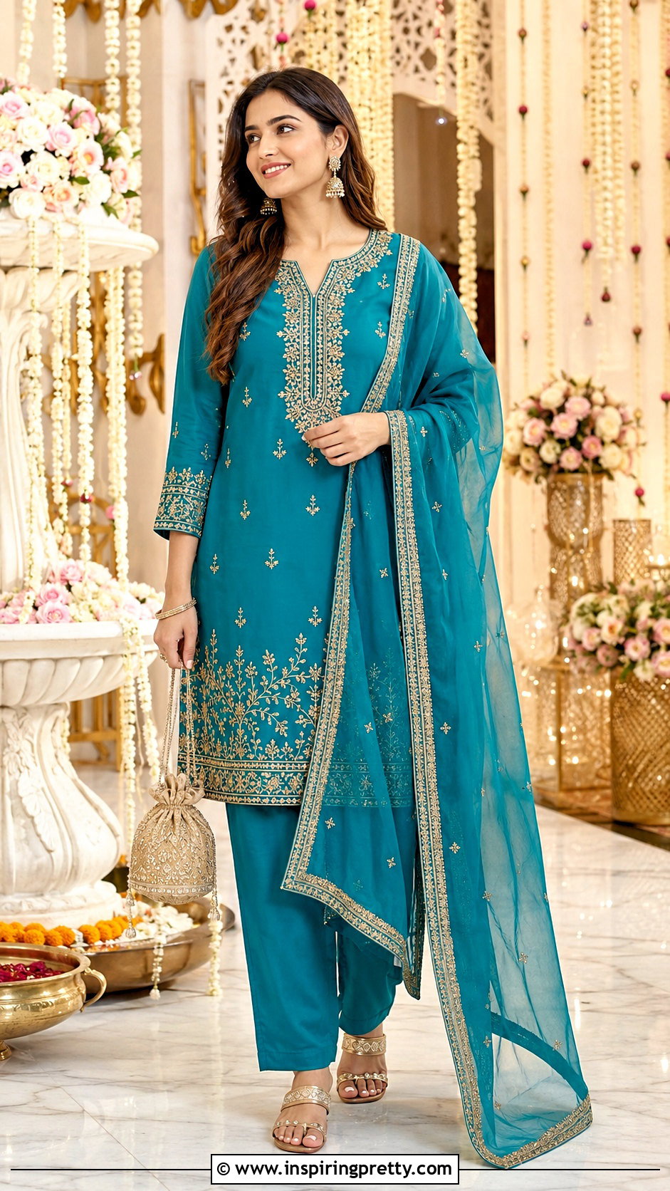 Embroidered Short Kurti With Dupatta And Pants - 50 short kurti top outfit ideas