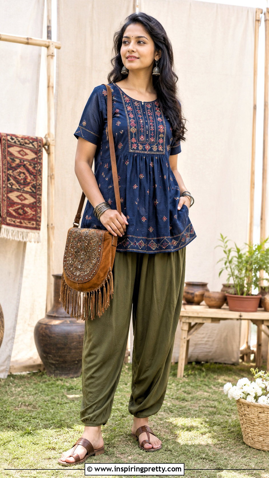 Embroidered Short Kurti With Harem Pants - 50 short kurti top outfit ideas