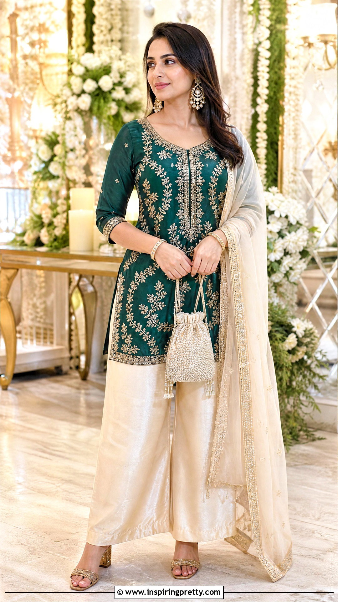 Embroidered Short Kurti With Silk Palazzo Pants - 50 short top with plazo outfit ideas