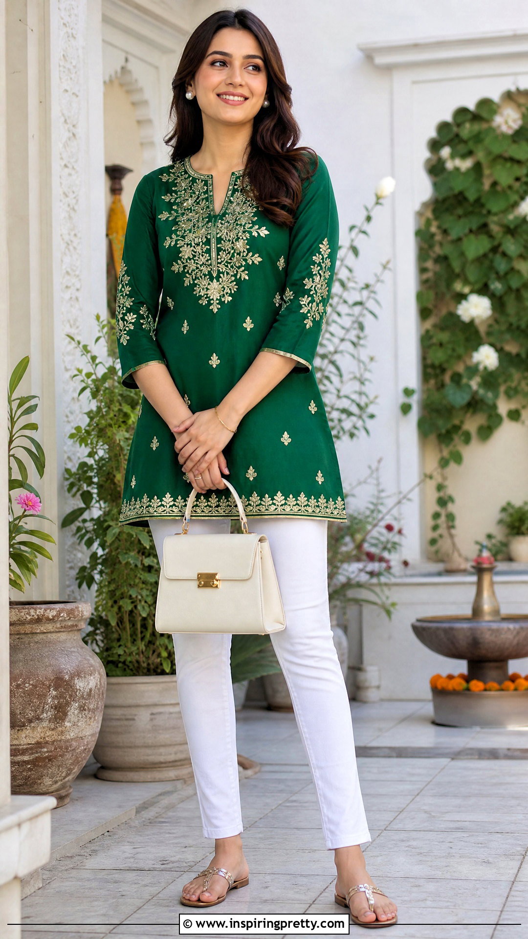 Embroidered Short Kurti With White Jeans - 50 short kurti top outfit ideas