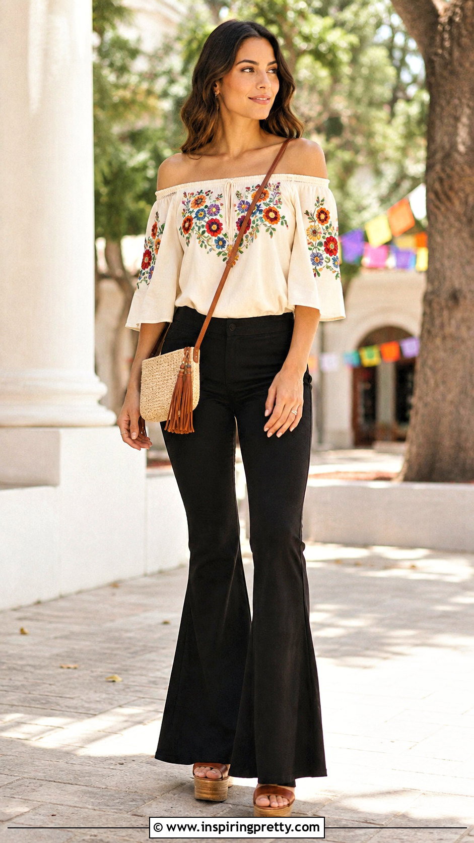 Embroidered Shoulderless Top With Flare Pants - 50 shoulderless top outfit ideas