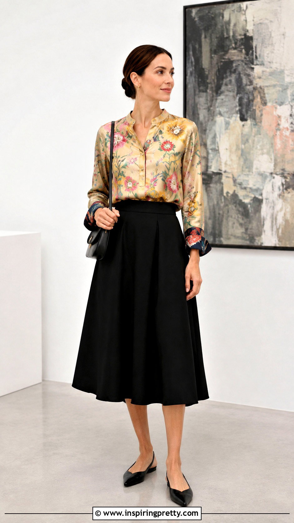 Embroidered Silk Top With Black Midi Skirt - 25 embroidered silk top outfit ideas