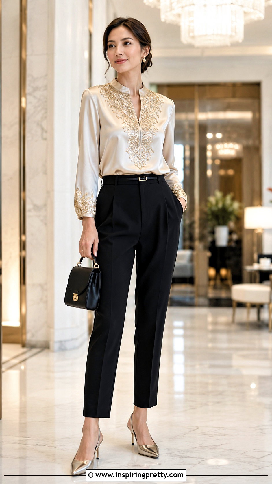 Embroidered Silk Top With Black Trousers - 25 embroidered silk top outfit ideas