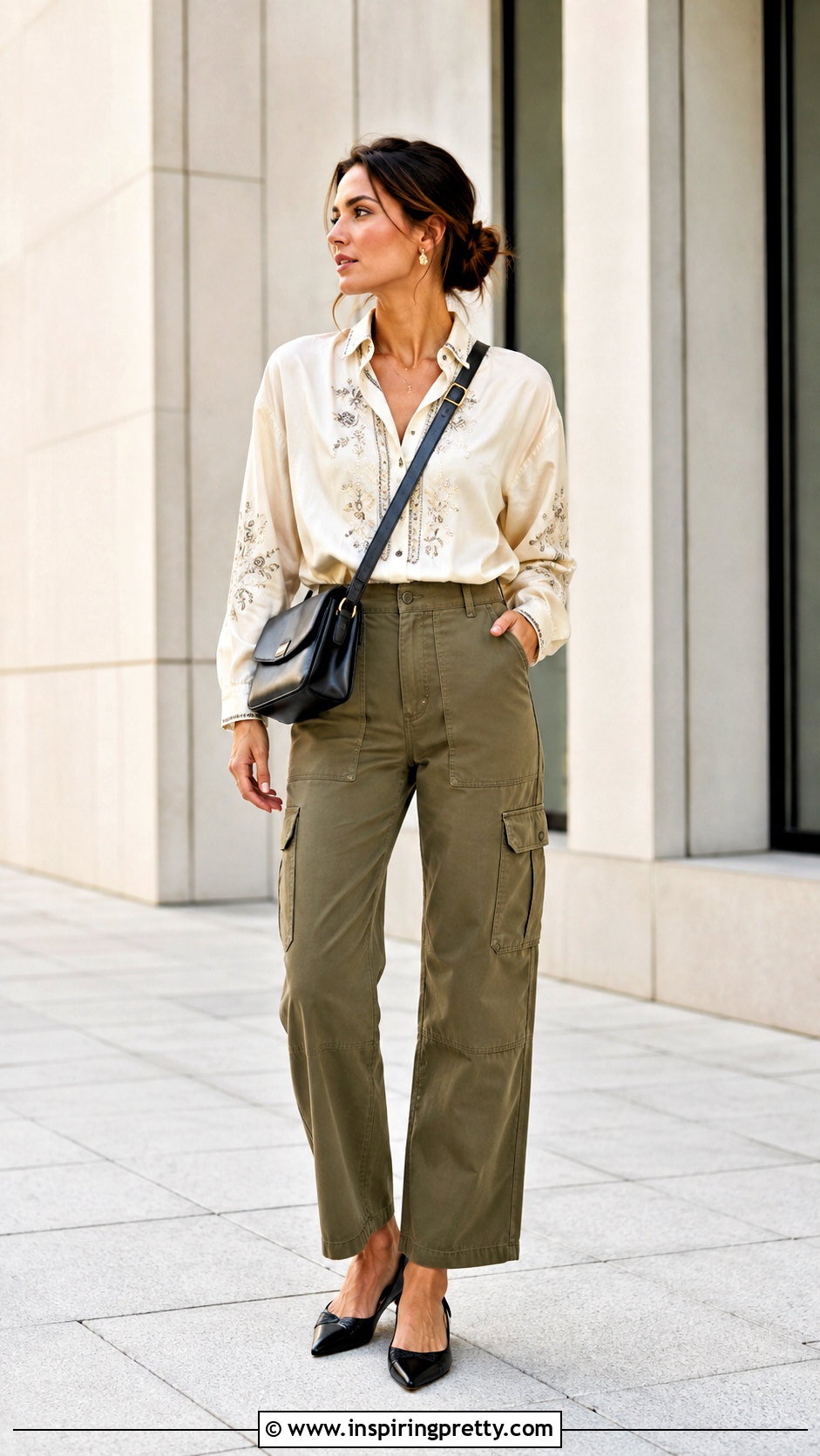 Embroidered Silk Top With Cargo Pants - 25 embroidered silk top outfit ideas