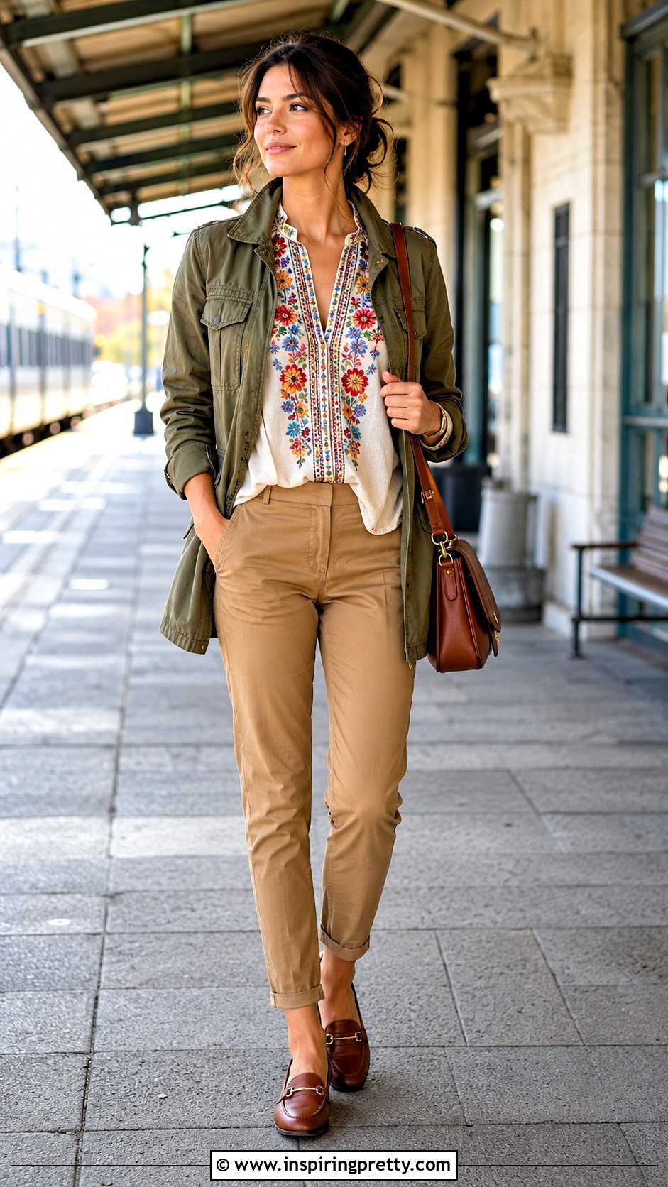 Embroidered Silk Top With Chinos And Utility Jacket - 25 embroidered silk top outfit ideas