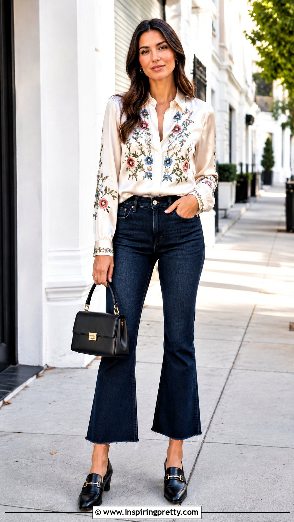 Embroidered Silk Top With Cropped Flare Jeans - 25 embroidered silk top outfit ideas