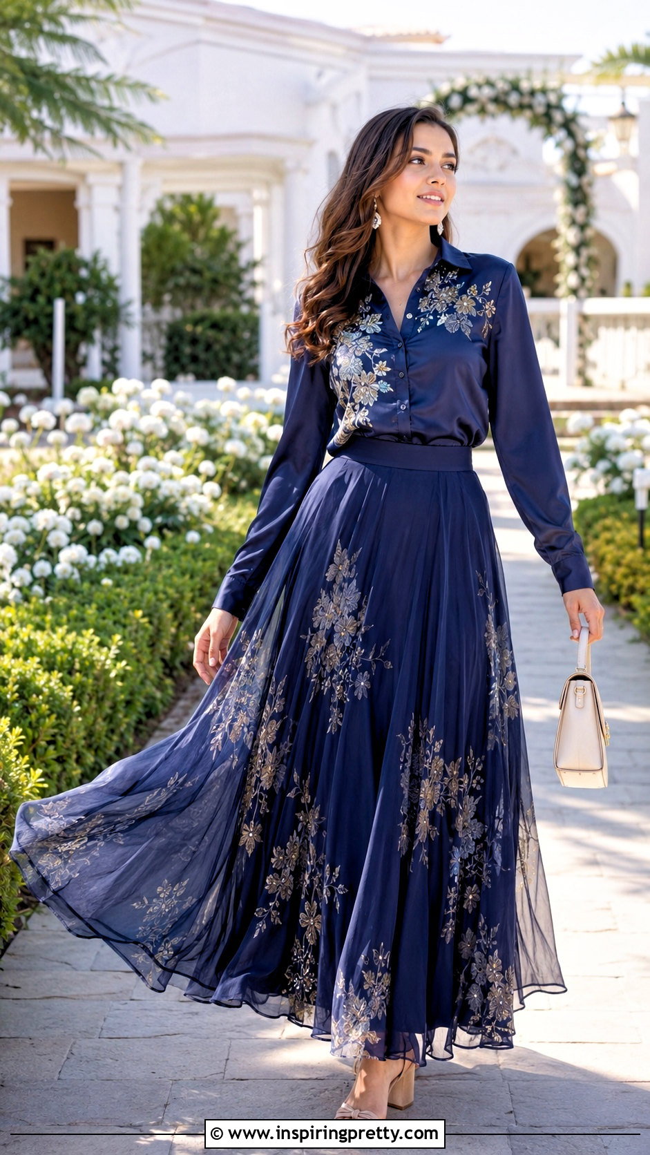 Embroidered Silk Top With Flowing Maxi Skirt - 25 embroidered silk top outfit ideas