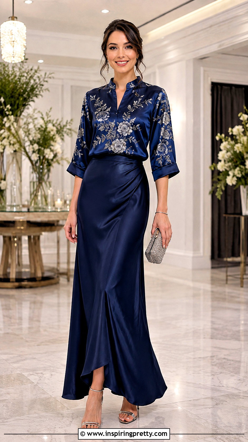 Embroidered Silk Top With Satin Maxi Skirt - 25 embroidered silk top outfit ideas