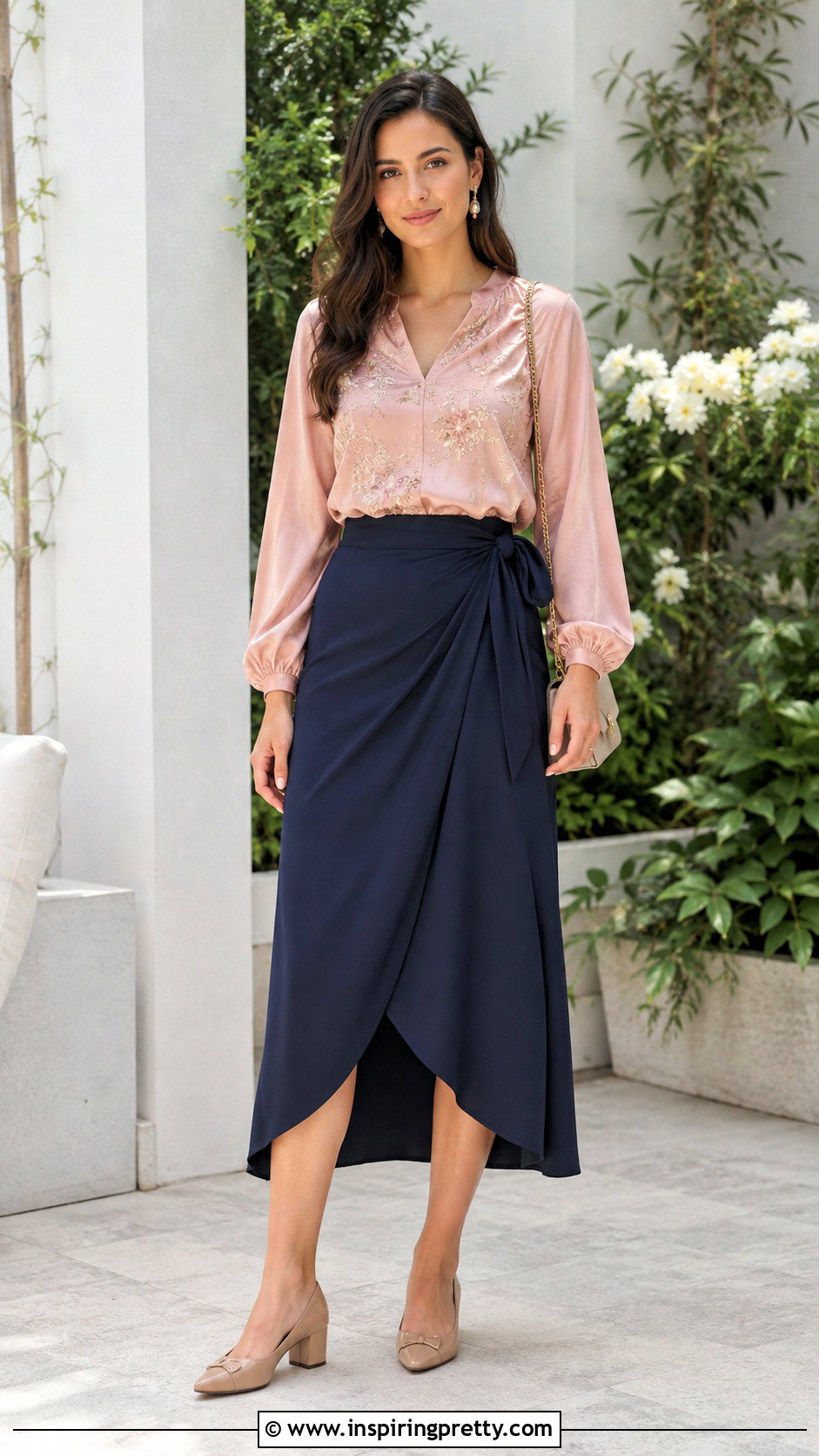 Embroidered Silk Top With Wrap Skirt - 25 embroidered silk top outfit ideas