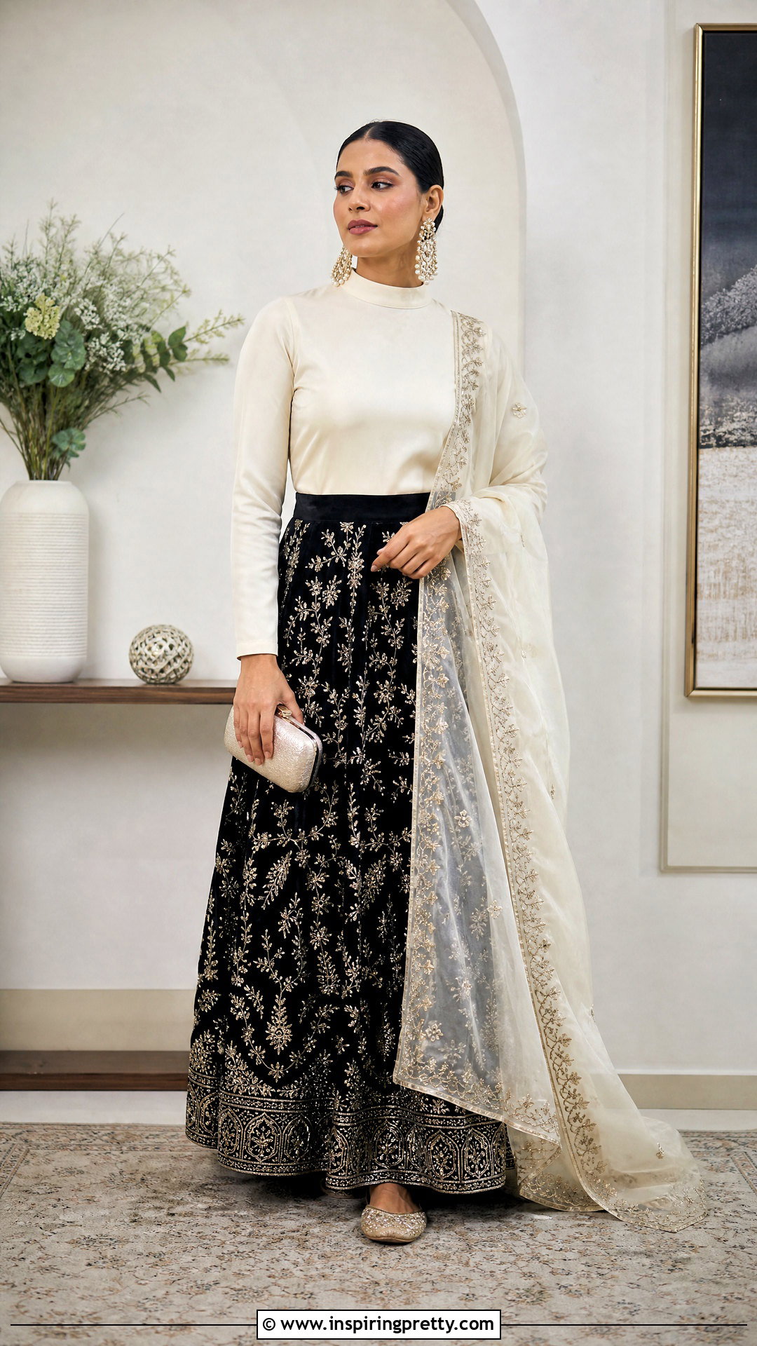 Embroidered Skirt And Plain Full Sleeve Top Outfit - 50 traditional skirt and top outfit ideas
