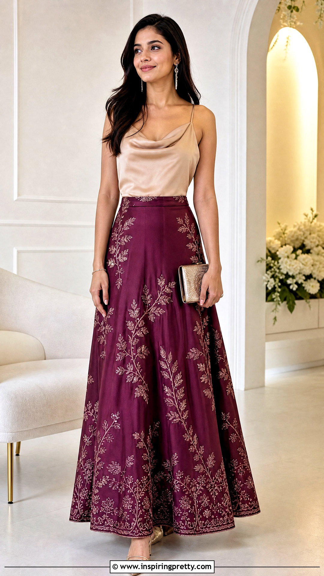 Embroidered Skirt With Satin Cowl Neck Top - 50 skirt top indian outfit ideas