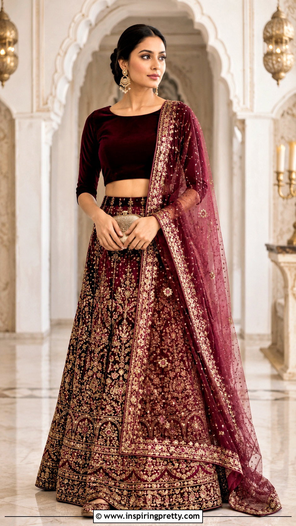 Embroidered Skirt With Velvet Crop Top - 20 skirt with crop top indian outfit ideas
