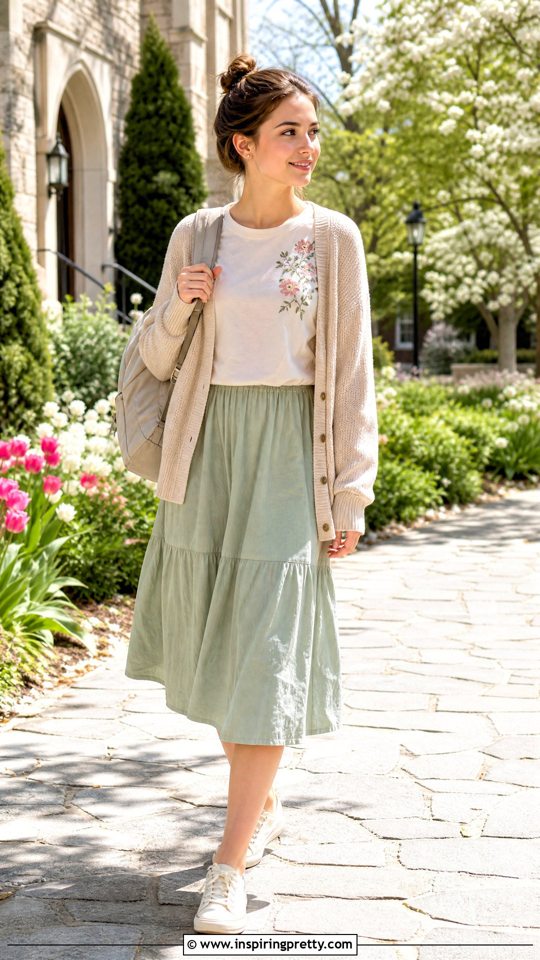 Embroidered Tee Top And Midi Skirt Outfit - 50 cute tops for school ideas
