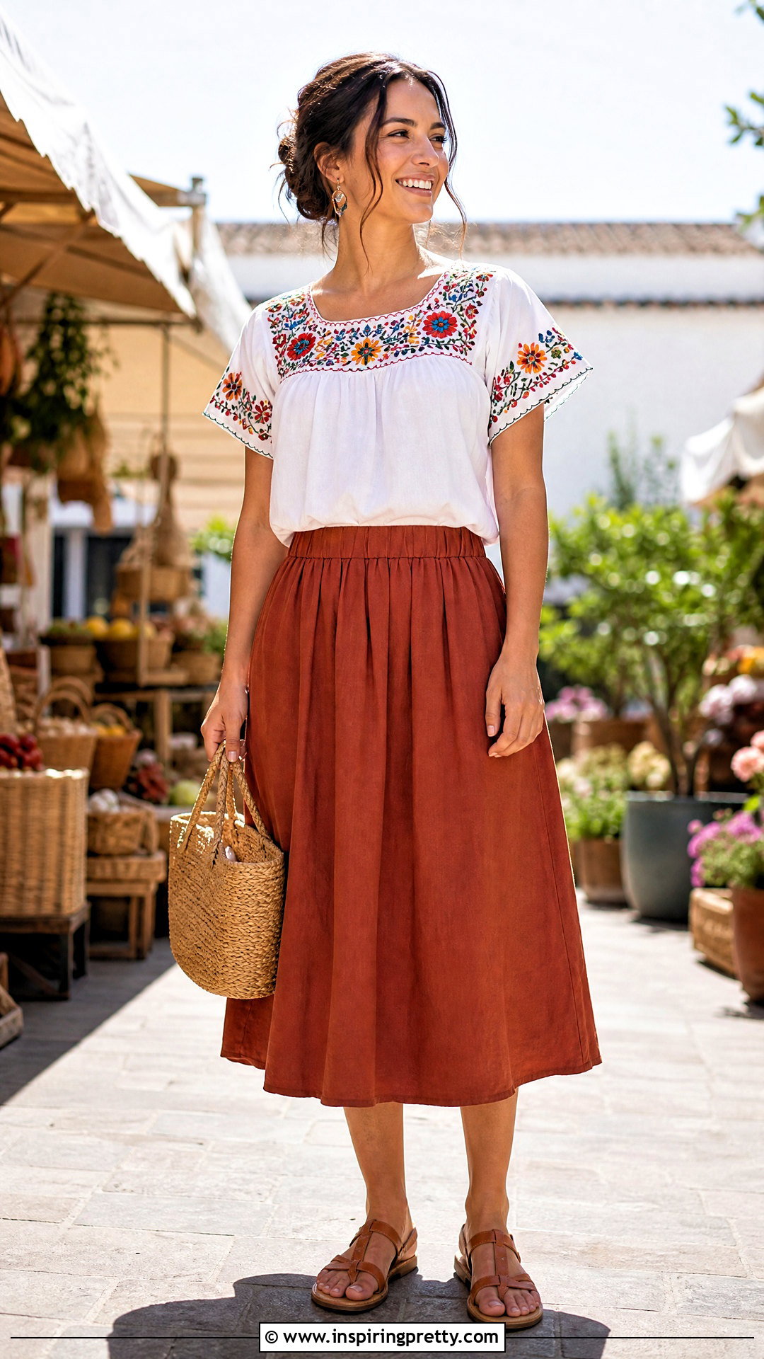 Embroidered Top With Cotton Skirt - 50 cute tops for summer outfits