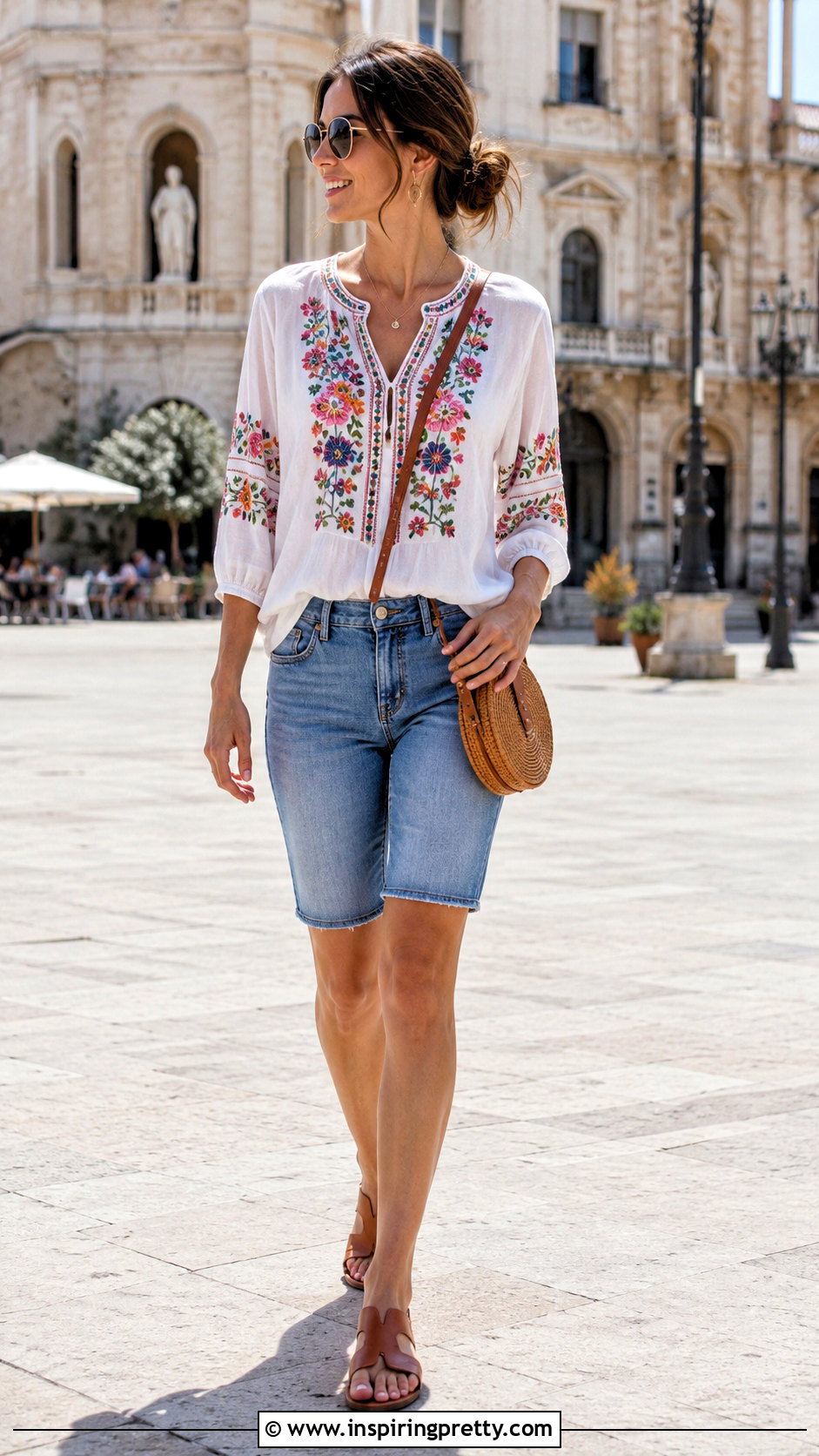 Embroidered Top With Denim Shorts - 50 girly tops outfit ideas