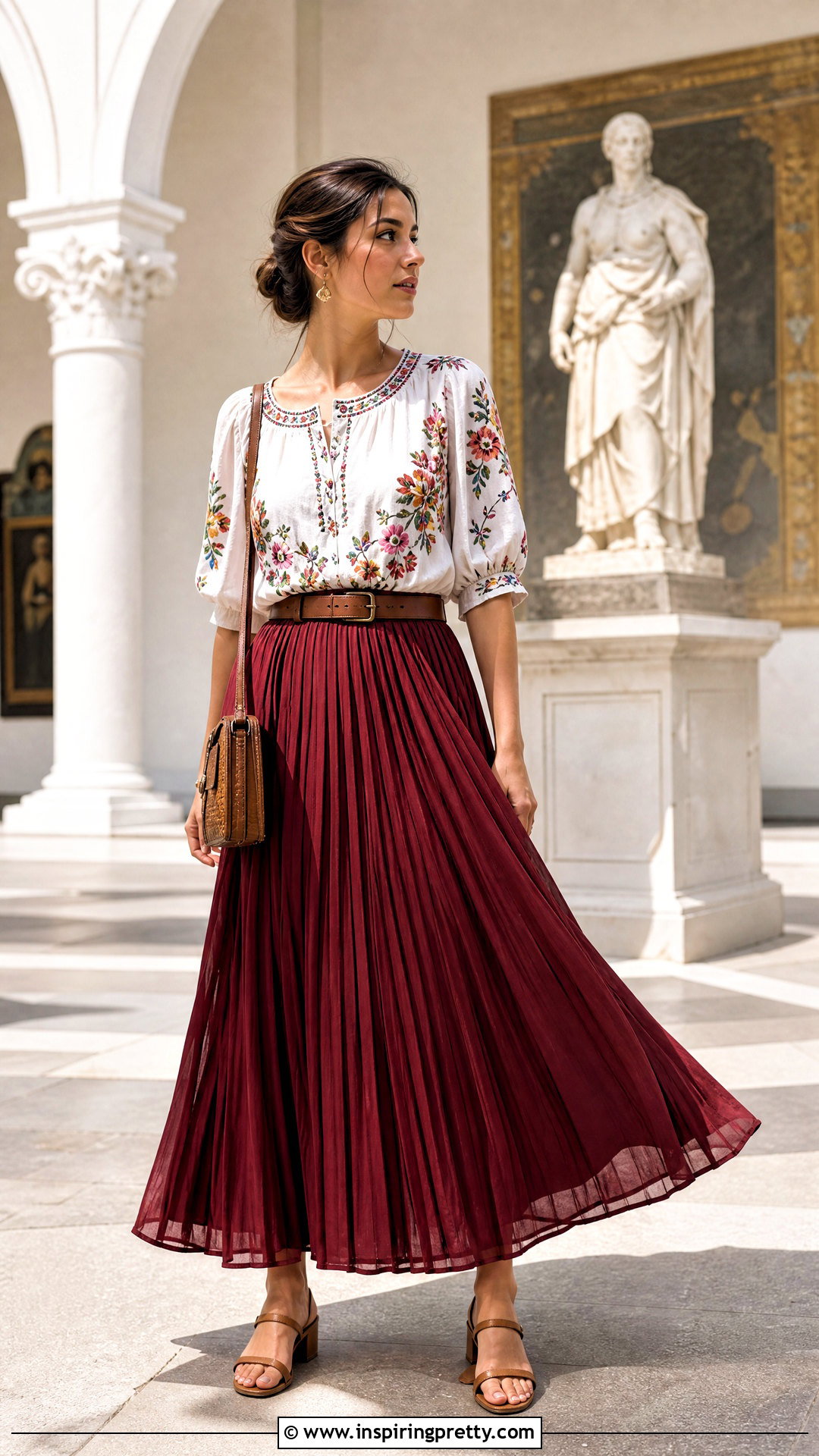 Embroidered Top With Pleated Maxi Skirt - 20 Fashion Inspiration For Embroidered Tops outfit ideas