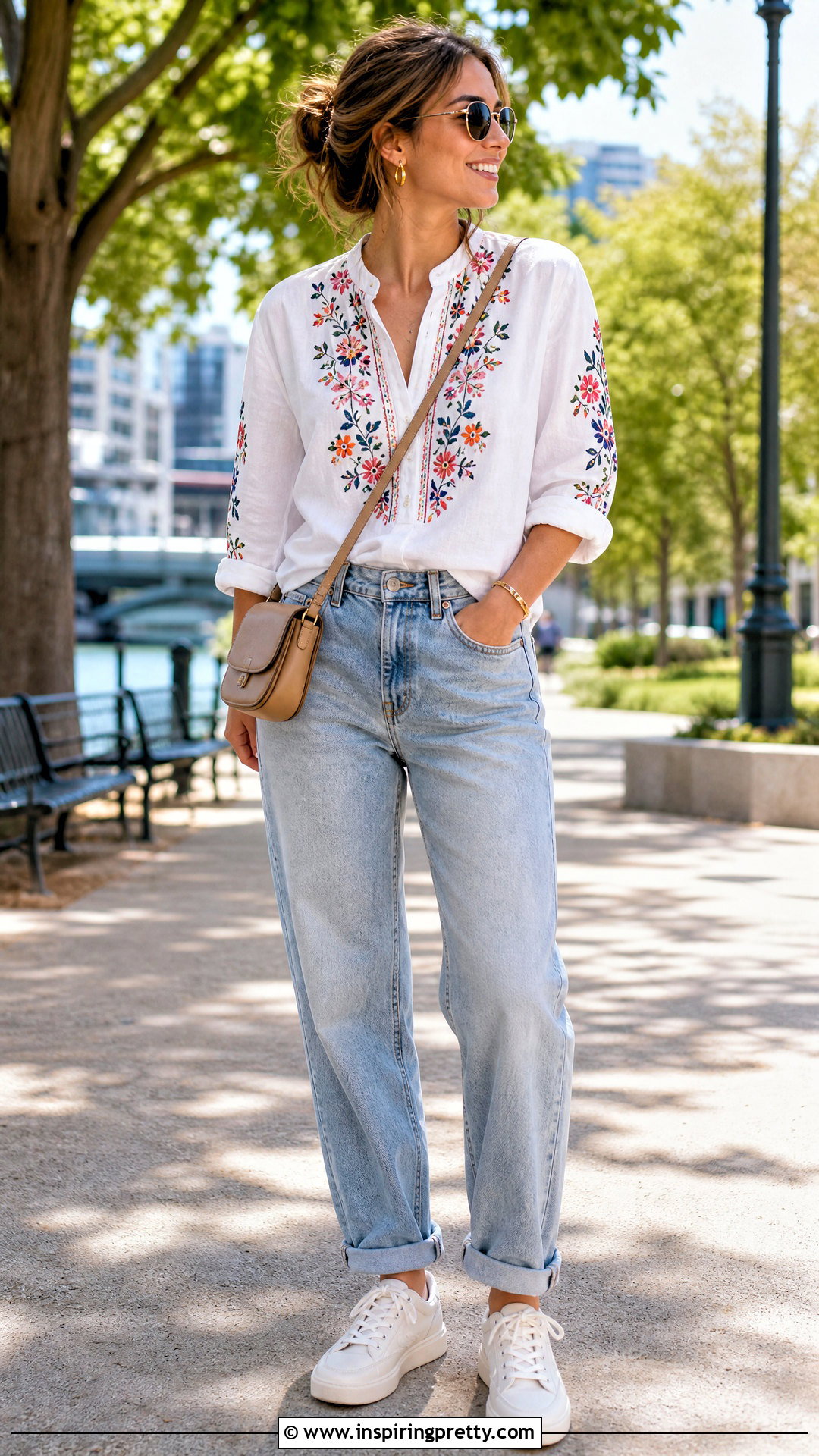 Embroidered Top With Relaxed Jeans and Sneakers - 50 embroidered tops outfit ideas