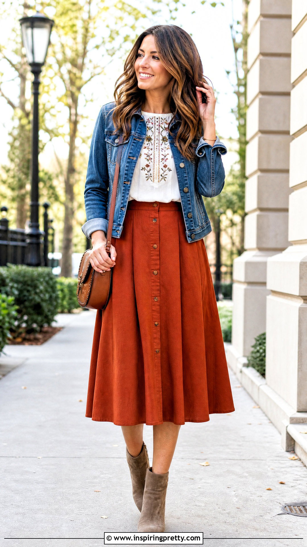 Embroidered Top With a Denim Jacket and Skirt - 50 embroidered tops outfit ideas