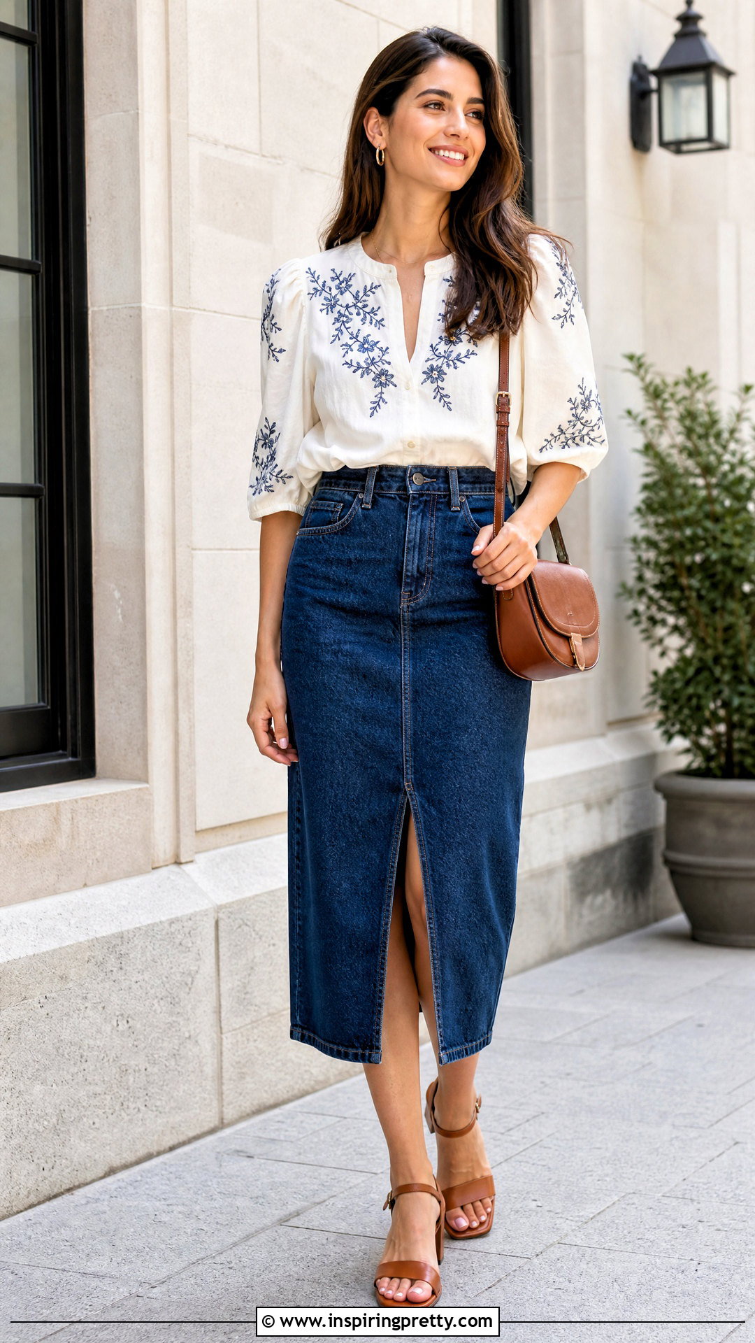 Embroidered Top With a Denim Midi Skirt - 50 embroidered tops outfit ideas