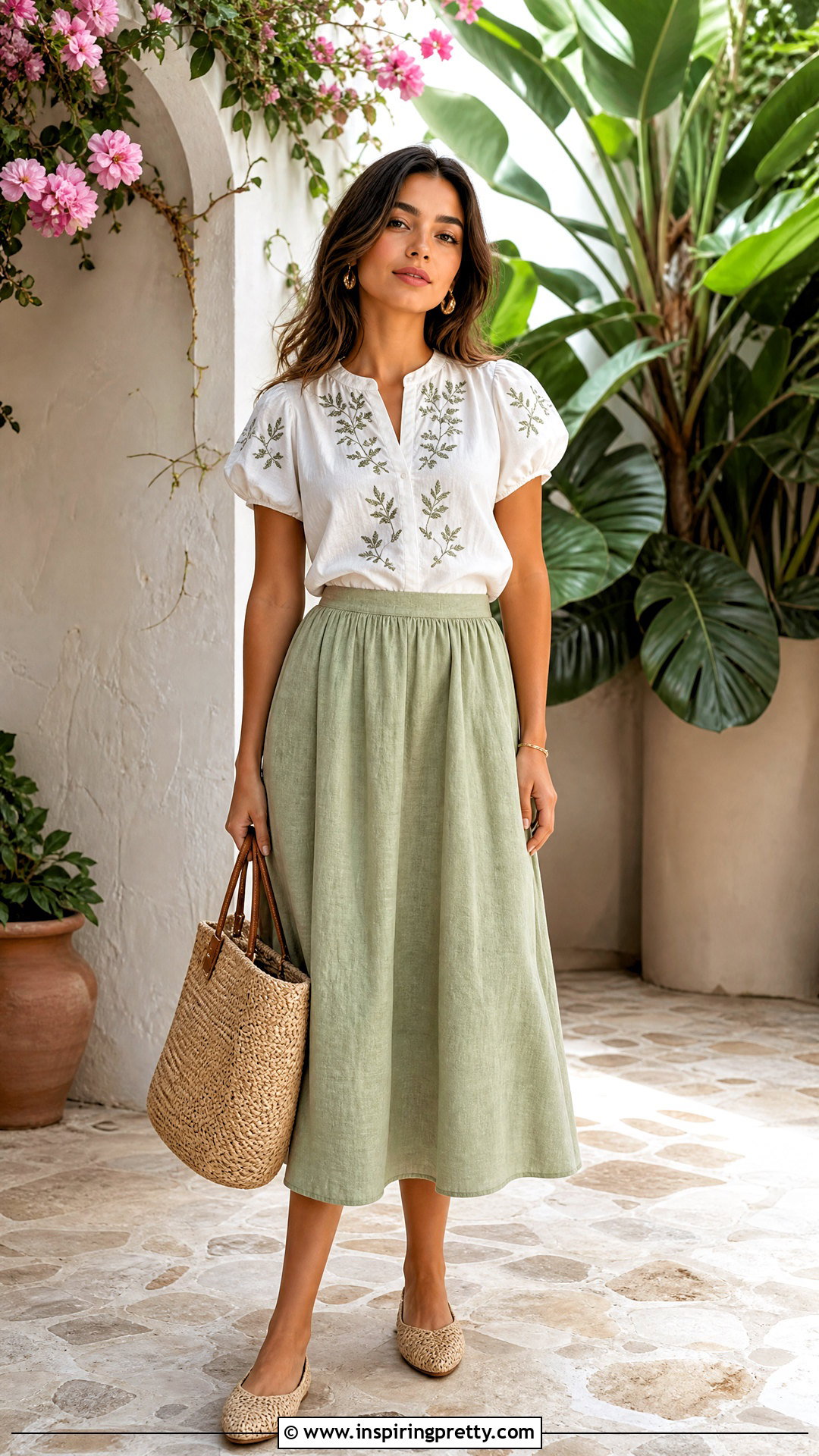 Embroidered Top With a Linen Midi Skirt - 50 embroidered tops outfit ideas