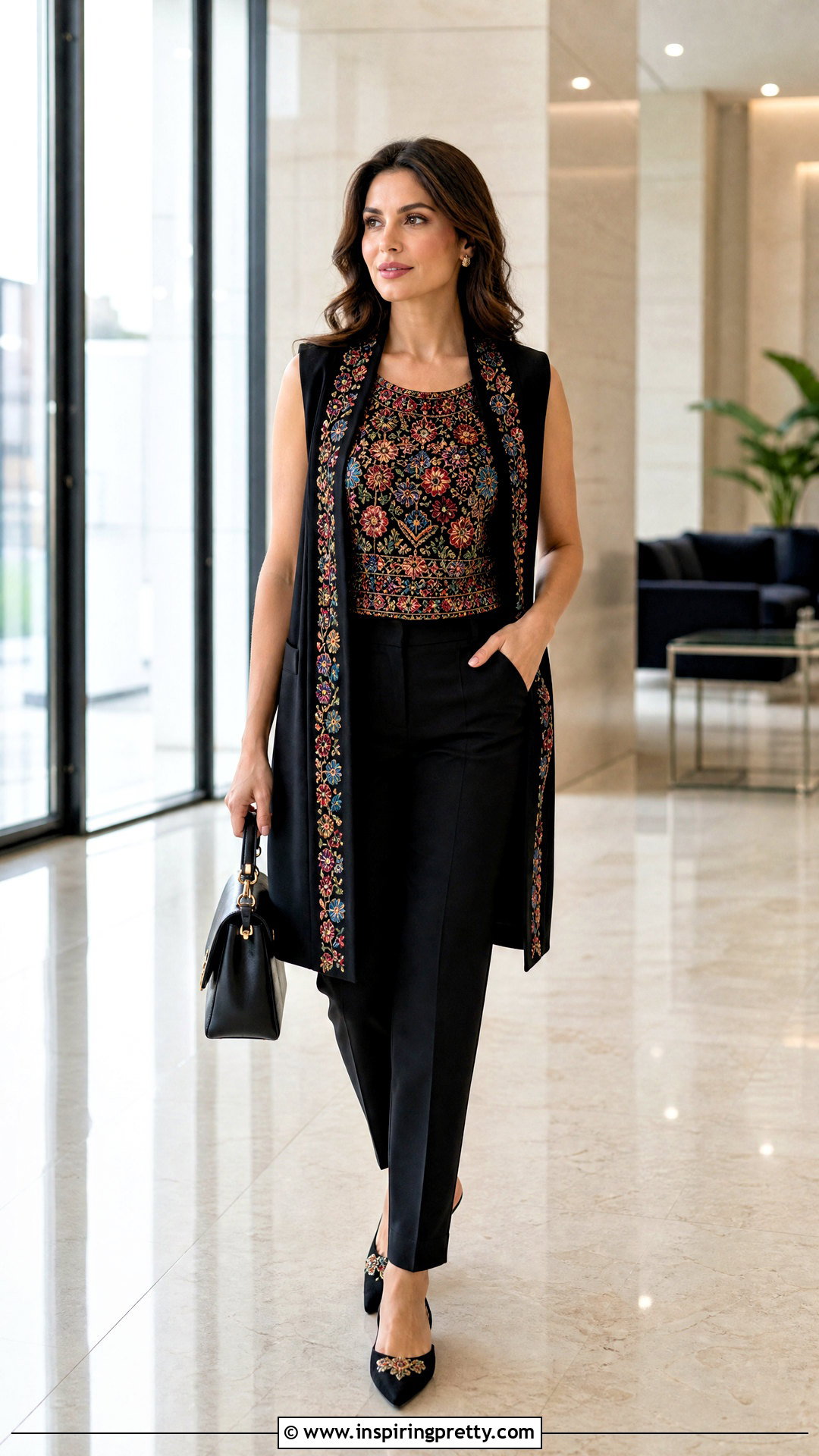 Embroidered Top With a Long Vest and Pants - 50 embroidered tops outfit ideas