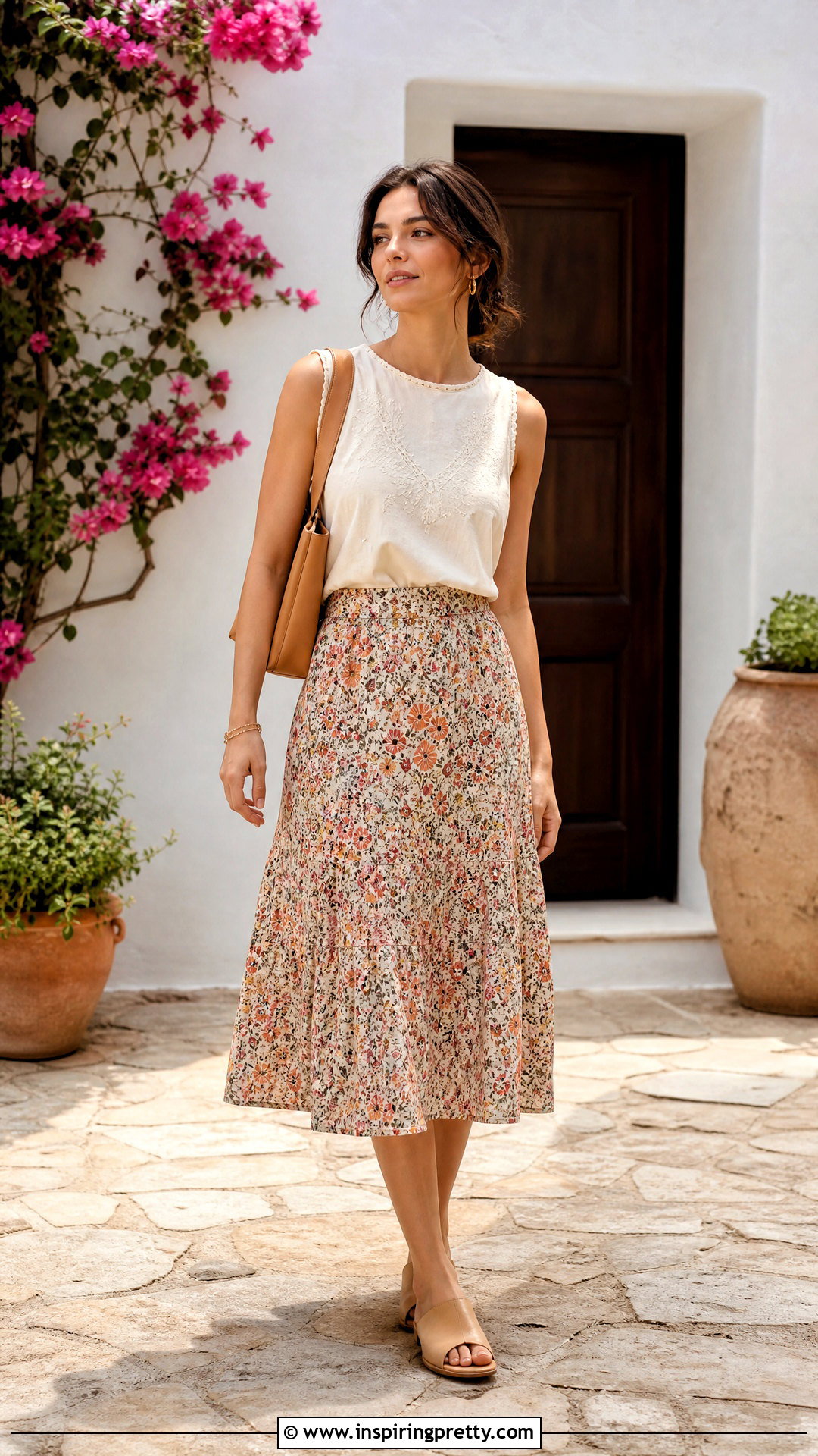 Embroidered Top With a Printed Midi Skirt - 50 embroidered tops outfit ideas