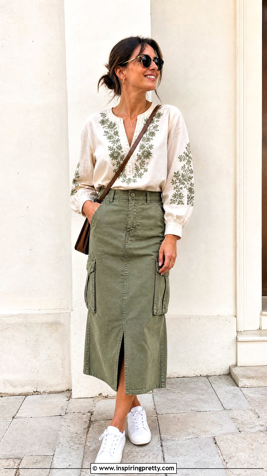 Embroidered Top With a Utility Skirt - 50 embroidered tops outfit ideas