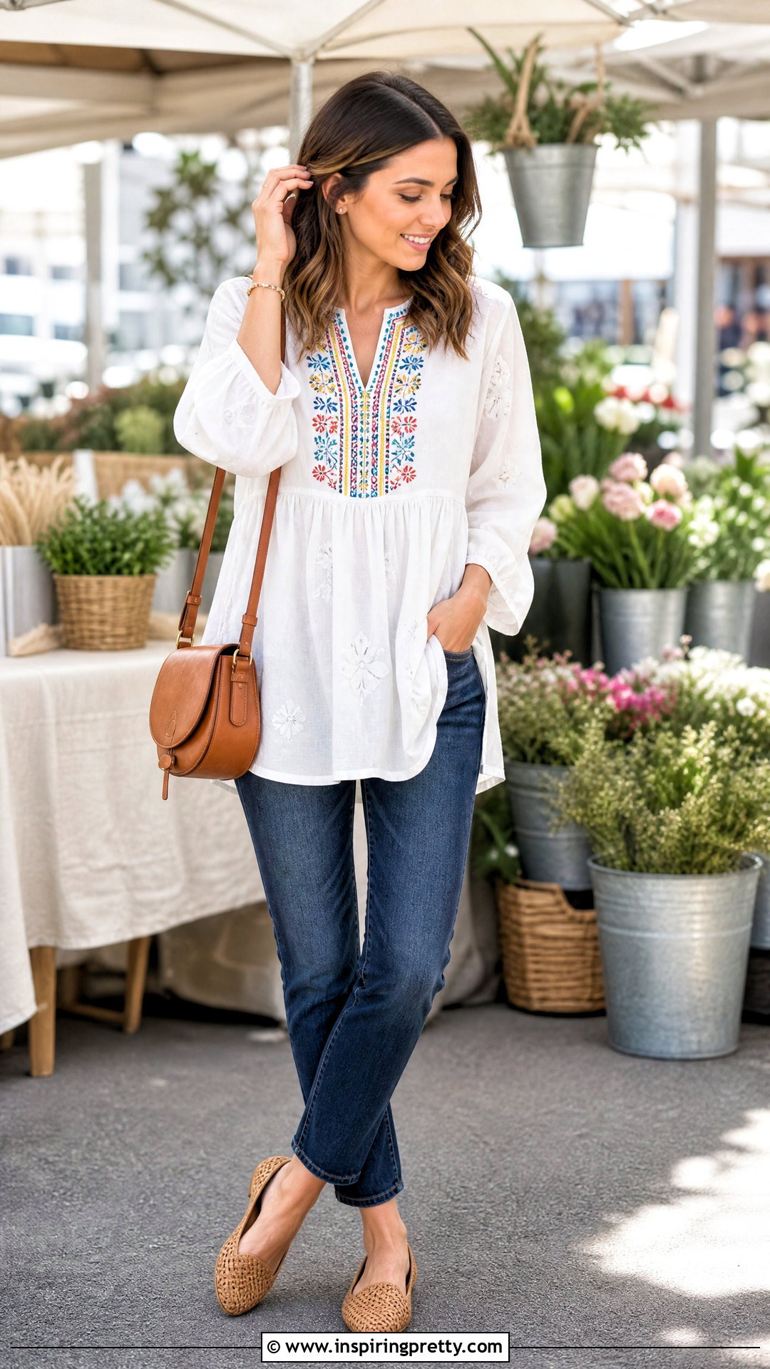 Embroidered Tunic Top With Ankle Jeans - 20 spring tunic tops outfit ideas