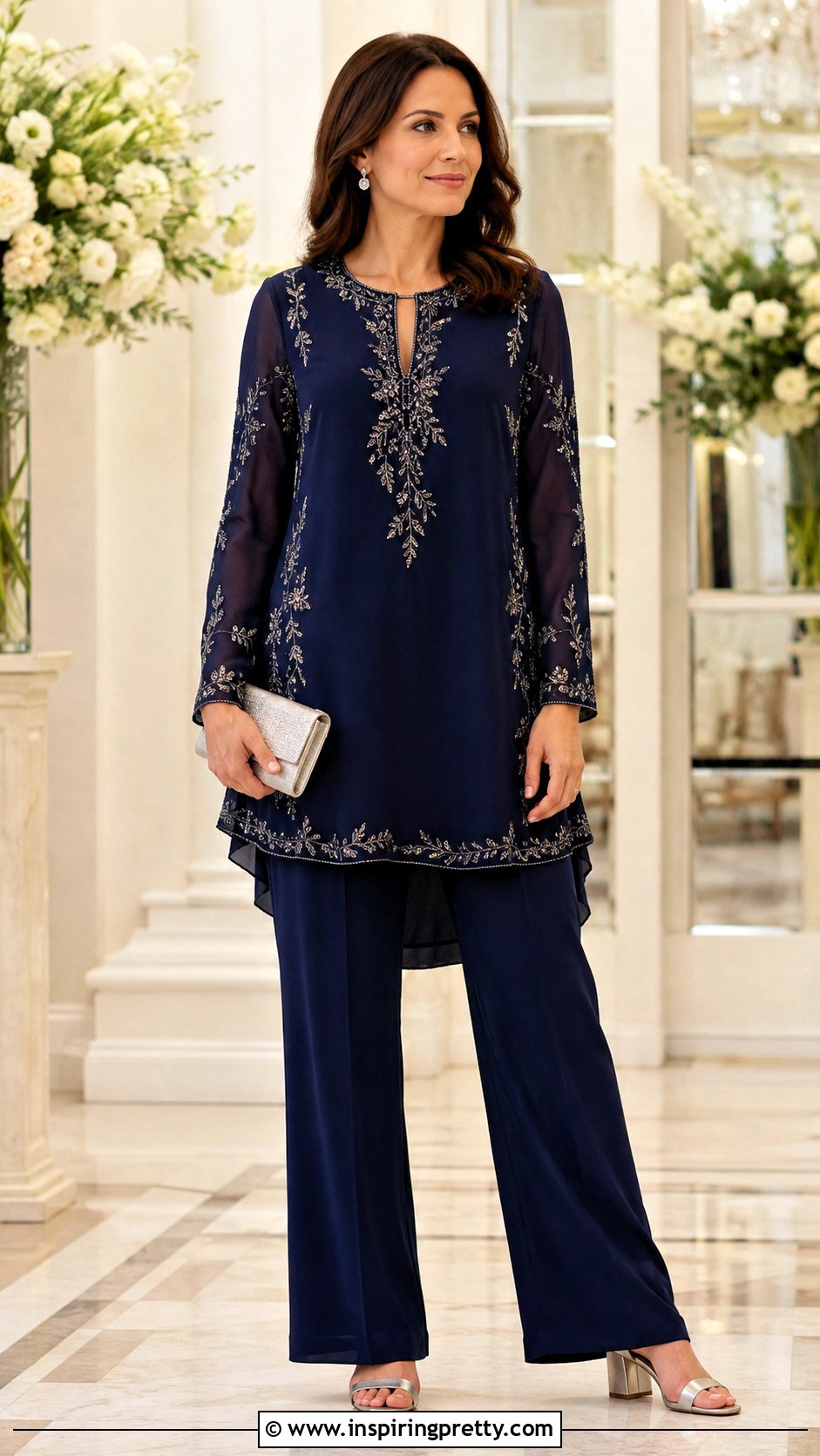 Embroidered Tunic Top With Fluid Pants - 25 special occasion tops outfit ideas