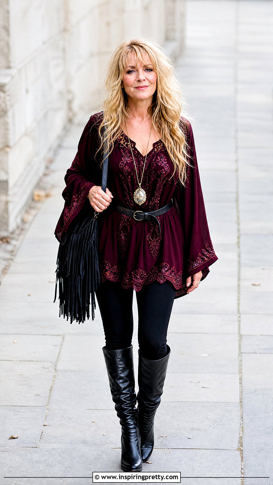Embroidered Tunic Top With Leggings And Boots - 20 Stevie Nicks Style Tops