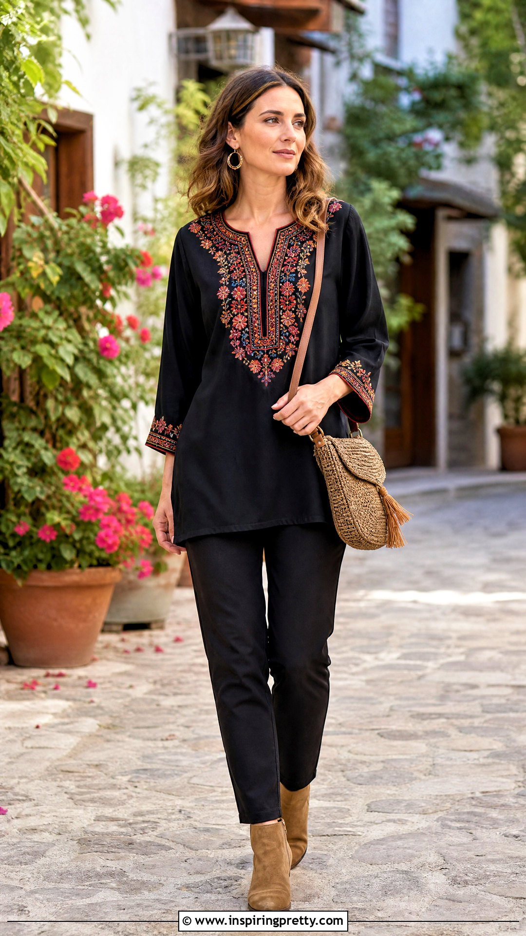 Embroidered Tunic Top With Slim Pants - 50 70s tops outfit ideas