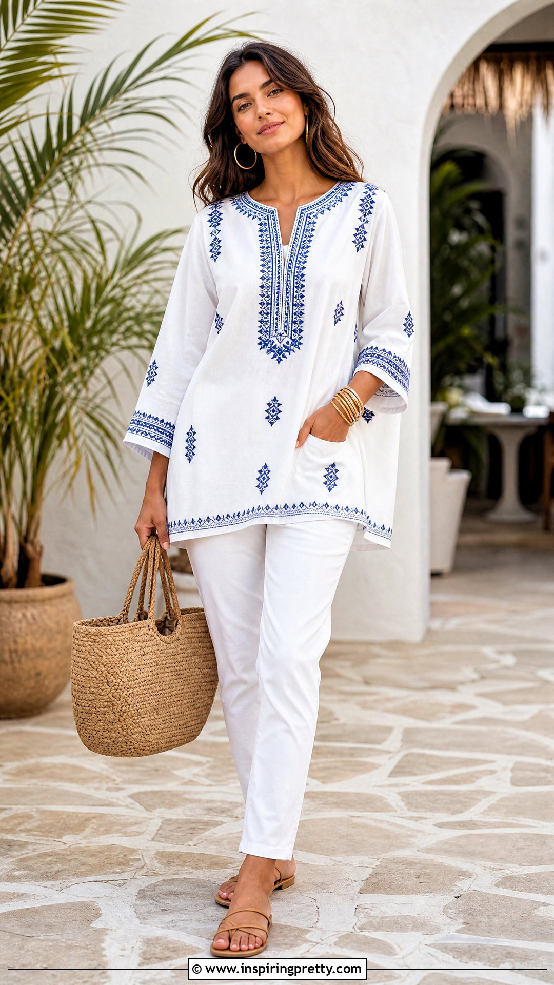 Embroidered Tunic Top With White Pants - 50 stylish tunic tops outfit ideas