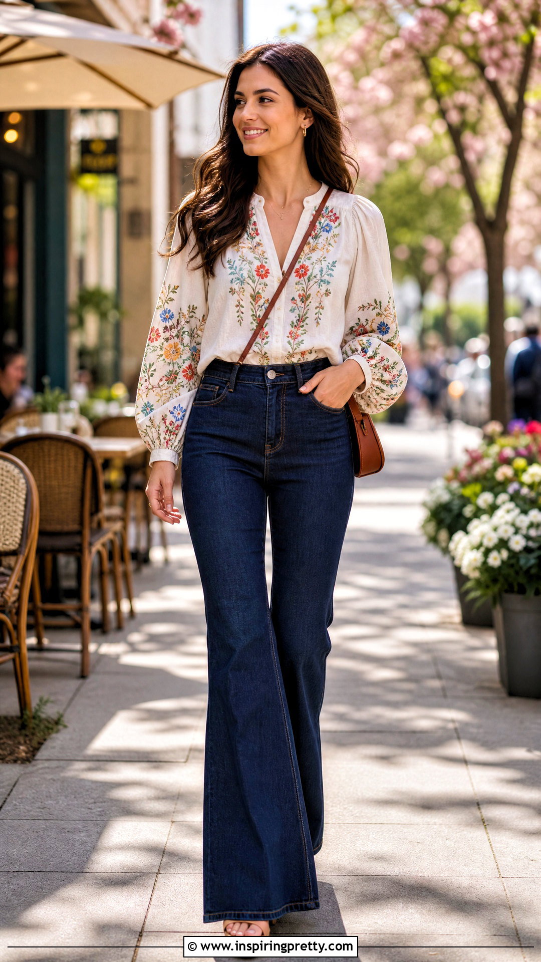 Embroidered White Top With Flare Jeans - 50 embellished top outfit ideas