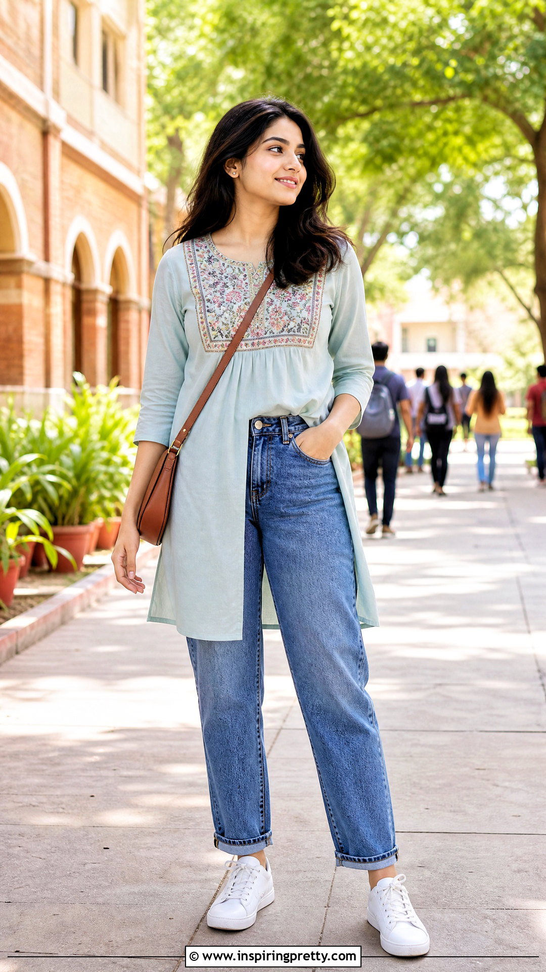 Embroidered Yoke Kurti With Mom Jeans - 50 kurti tops for jeans