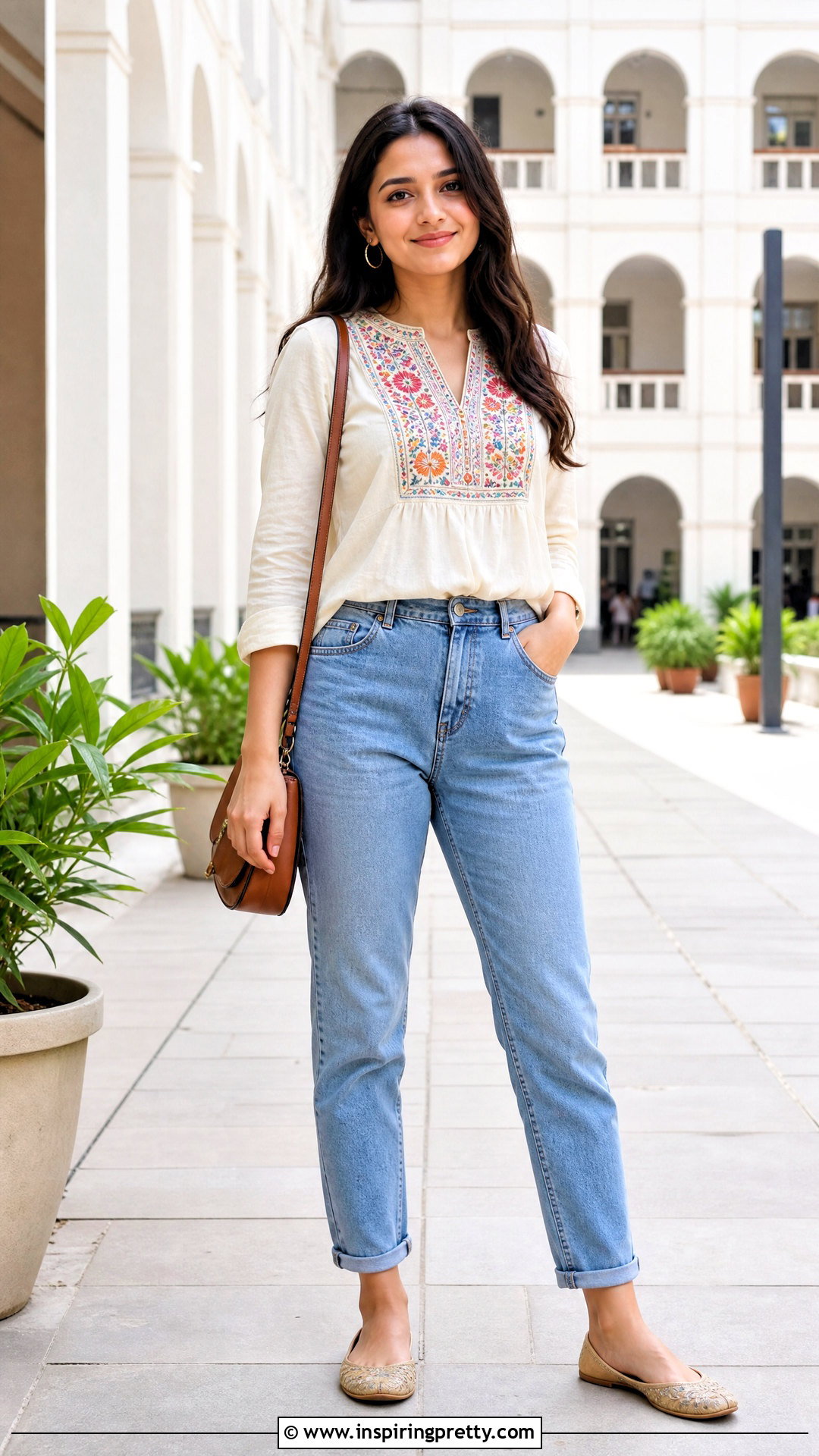 Embroidered Yoke Kurti With Mom Jeans - 50 jeans tops indian styles