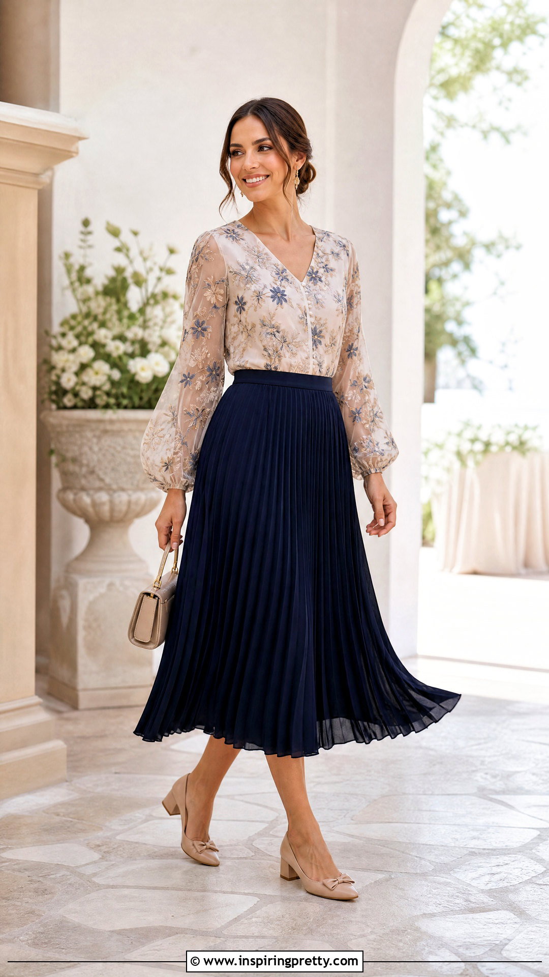 Embroidery Blouse With Pleated Midi Skirt - 50 embroidery top outfit ideas