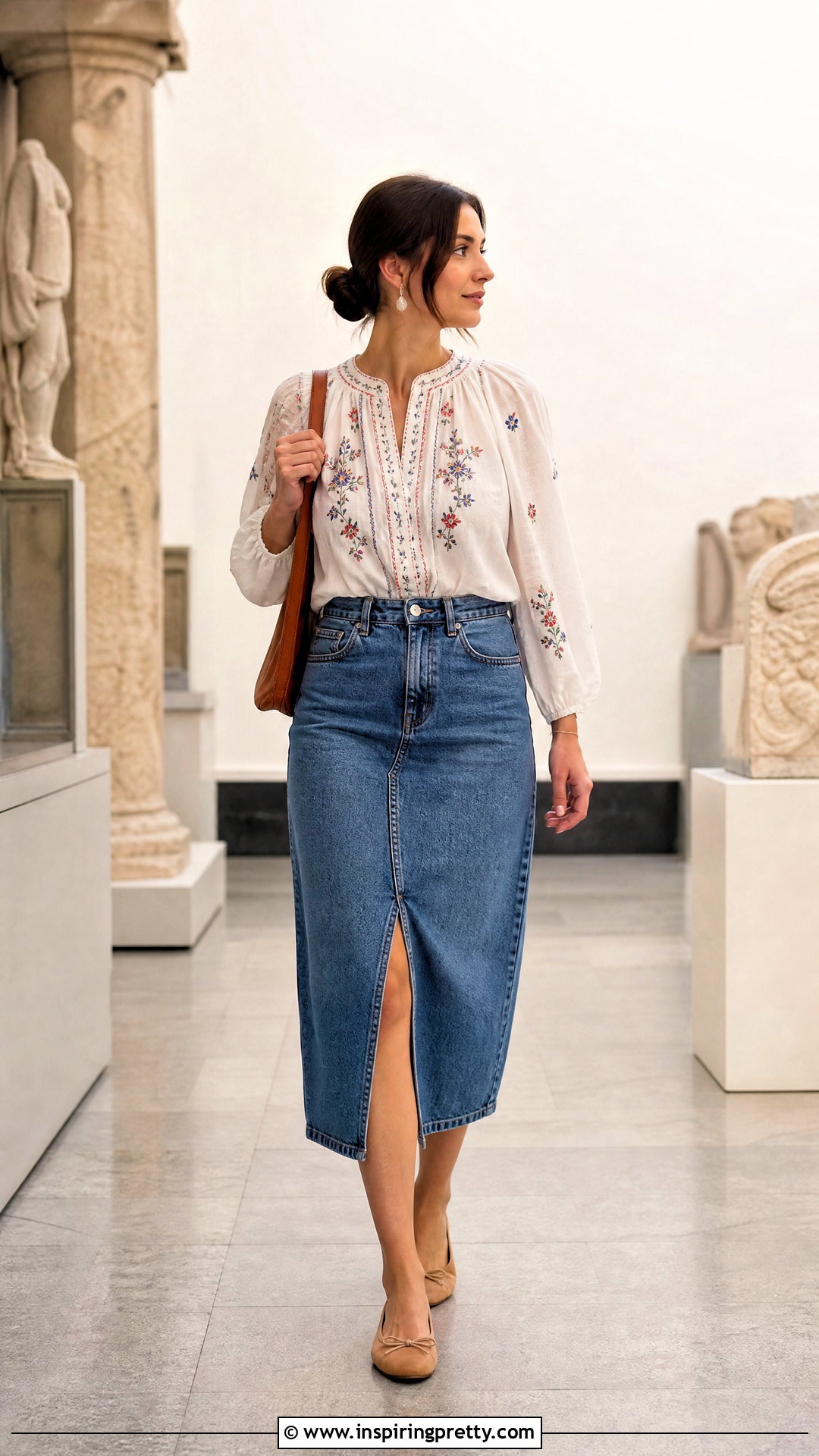 Embroidery Top With Denim Midi Skirt - 50 embroidery top outfit ideas