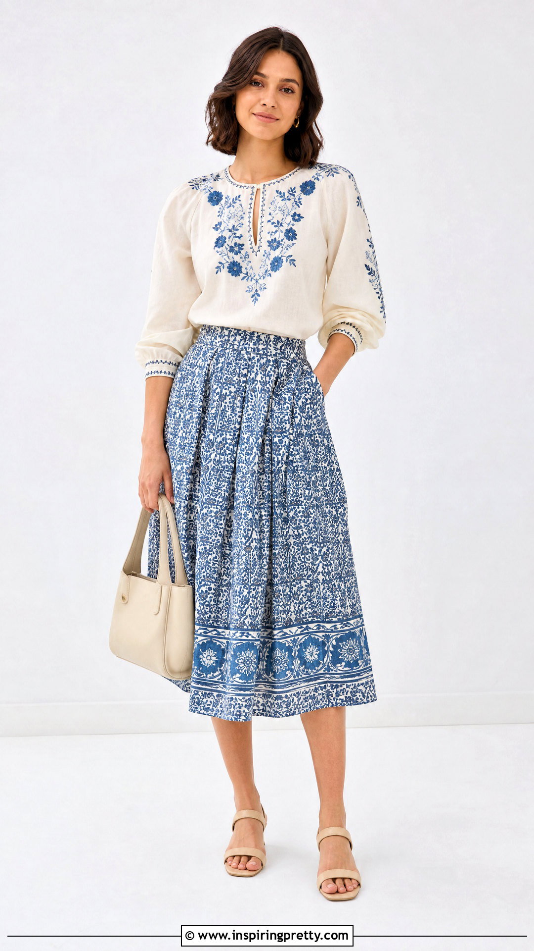 Embroidery Top With Printed Midi Skirt - 50 embroidery top outfit ideas