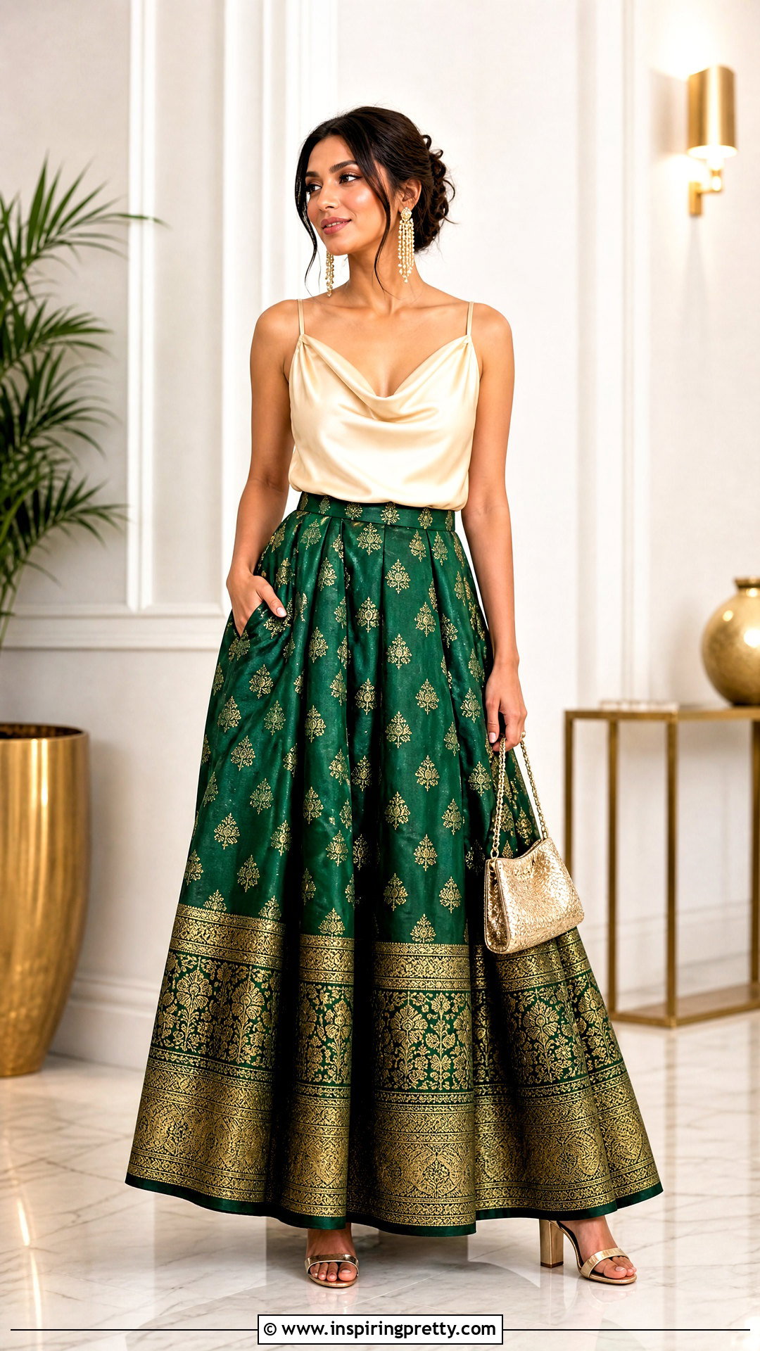 Emerald Banarasi Skirt With Satin Cowl Neck Top - 50 banarasi skirt and top outfit ideas