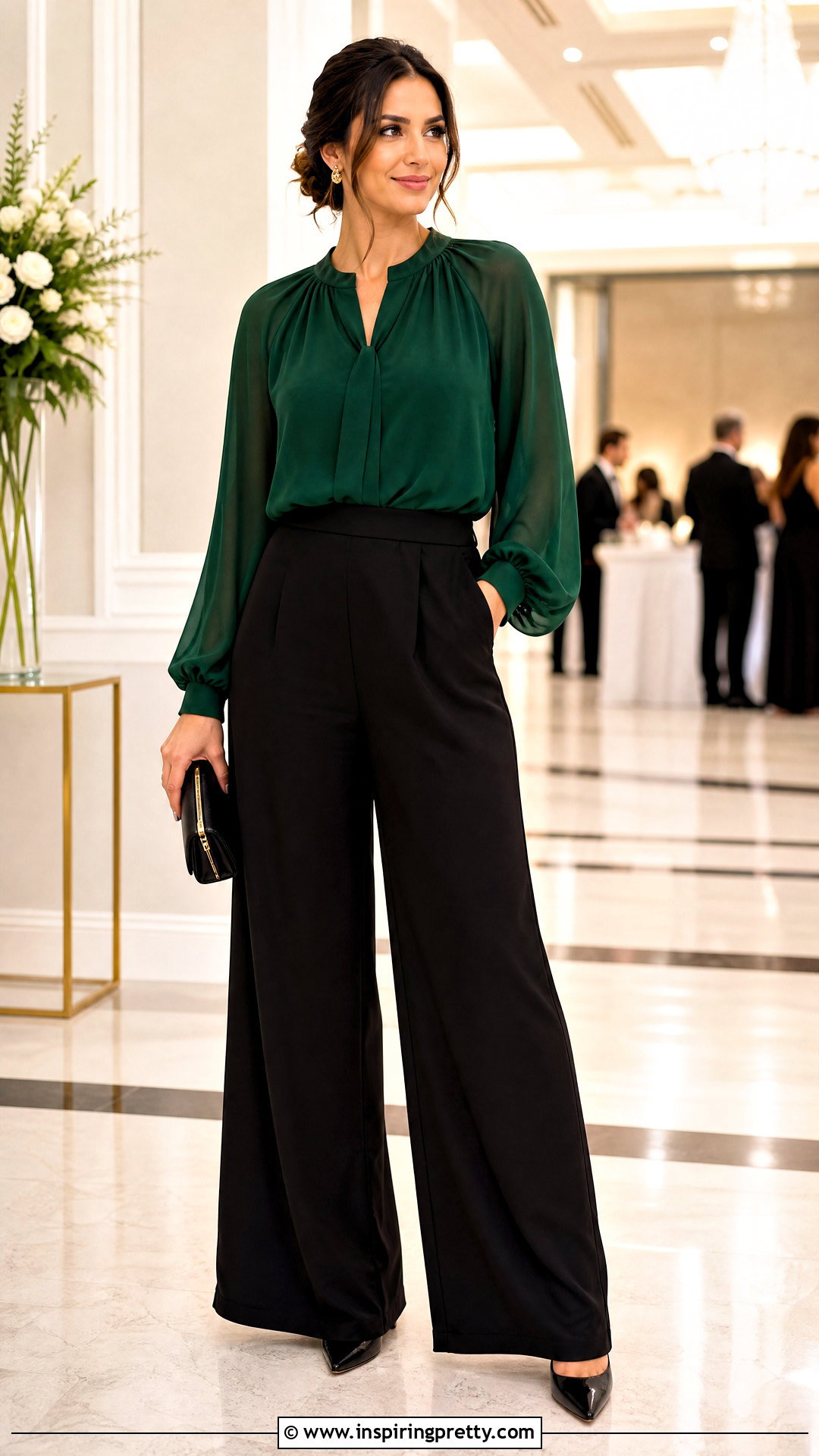 Emerald Chiffon Blouse With Black Palazzo Pants - 50 chiffon tops blouses classy outfits