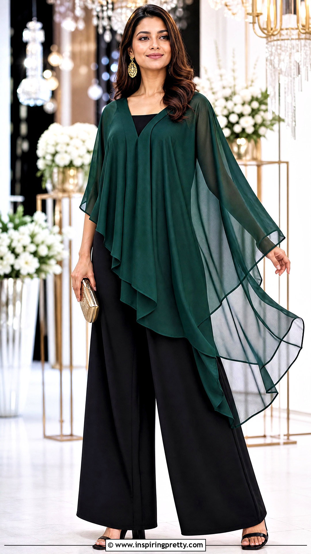 Emerald Chiffon Poncho Top With Black Palazzo Pants - 25 Chiffon Poncho Tops outfit ideas