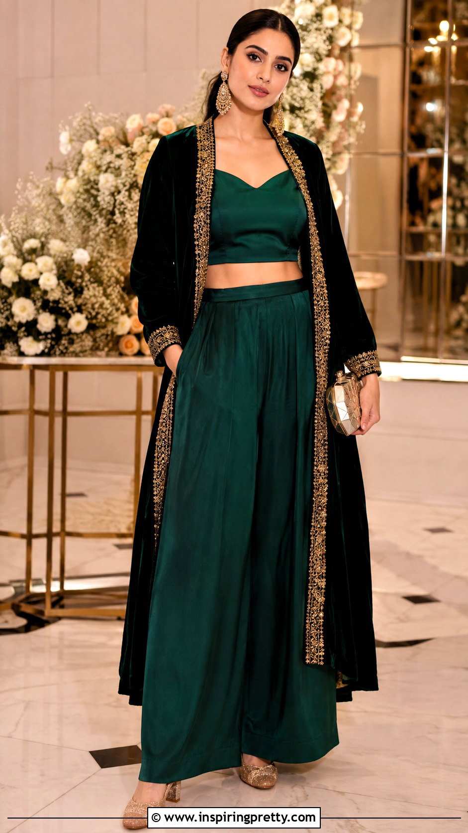 Emerald Crop Top Palazzo With Velvet Jacket - 25 crop top palazzo with jacket indian outfit ideas